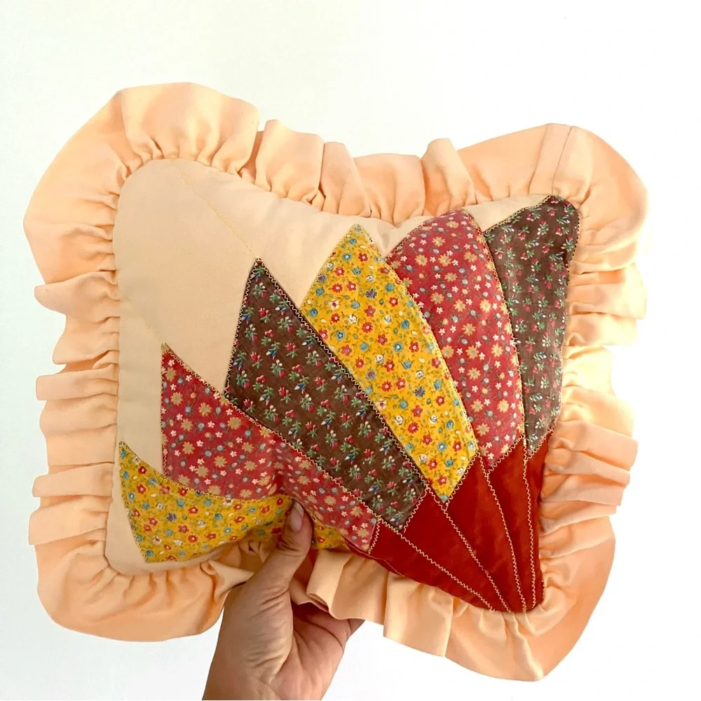 Vintage 70’s peach ruffle handmade quilt sunset accent pillow